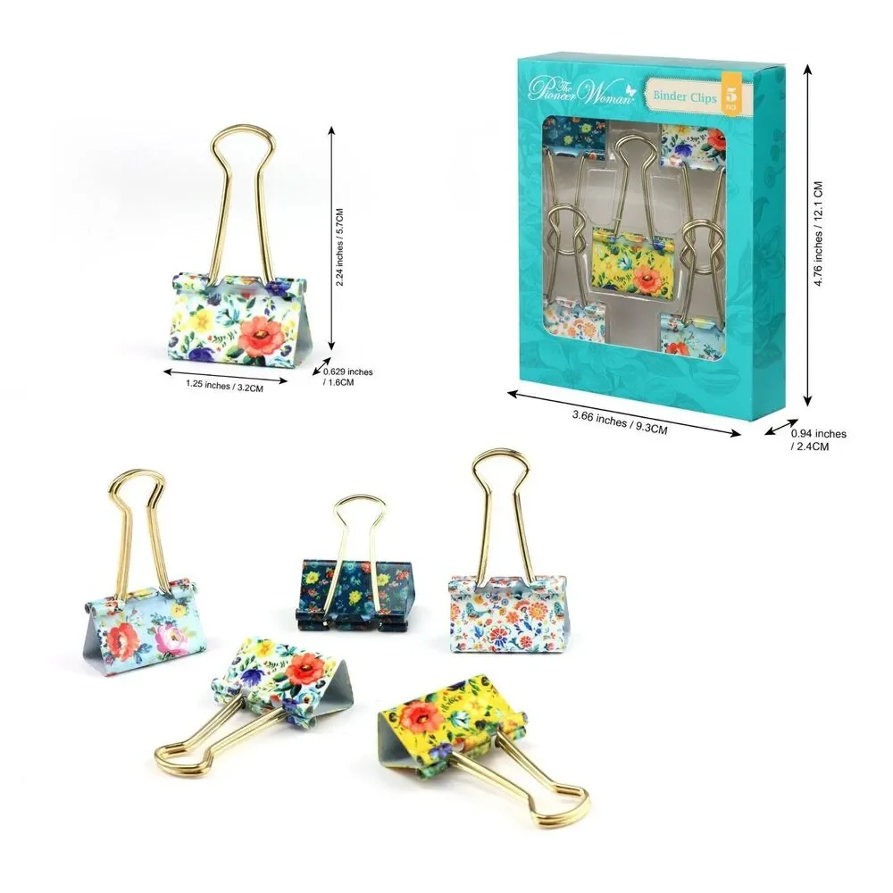 Pioneer Woman Metal Binder Clips Multicolor Floral 5ct Gold Handle 1.25in New
